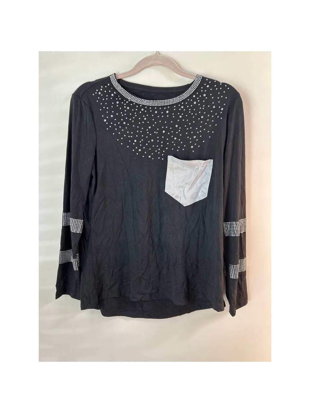 Women's Small Black Rhinestone Long Sleeve Top Silver Pocket Bling Y2K Glam